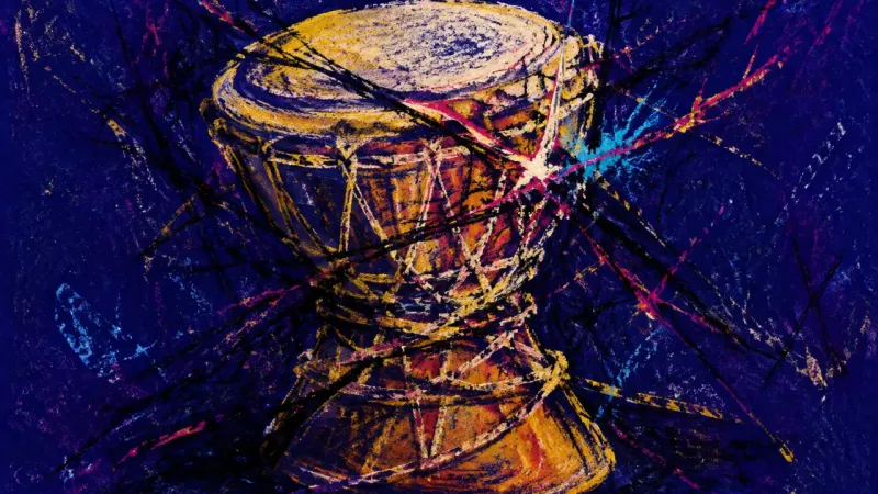Constricted Rhythm A distorted drum trapped by crossing lines, representing identity anxiety and pressure to perform