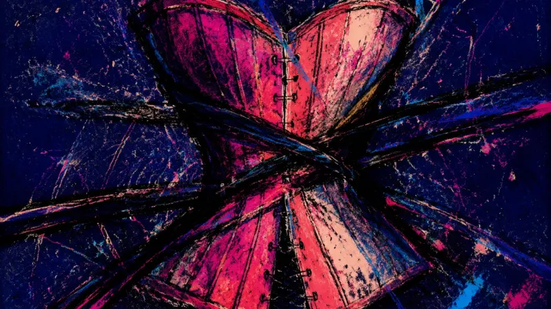 The Cinched Verdict A corset crushed by crossing lines, representing inherited purity rules turning intimate choices