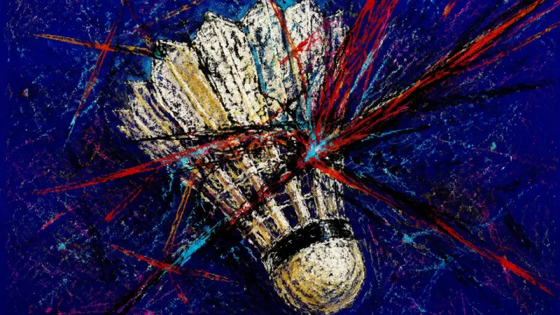 Flight Under Compression A crushed shuttlecock trapped in dense intersecting lines, representing urgency that forces a launch