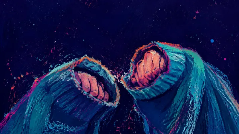 Two hands hide clenched fists inside over-pulled hoodie cuffs, symbolizing retreat from asking for a