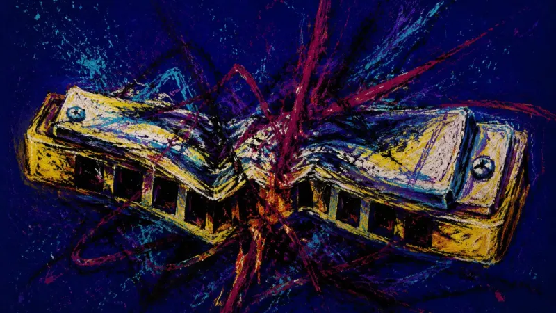 Silence in Compression A distorted harmonica trapped in tangled lines, representing rumination and self-rejection after