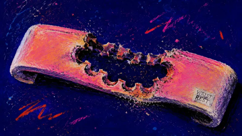 After-Hours Evidence A keyboard wrist rest bitten into a deep channel, symbolizing compulsive overwork after being sidel—
