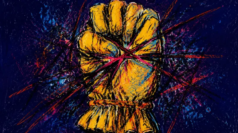 Compulsory Grip A glove crushed into a bound fist, representing shame-driven overwork and lost inner order after w—