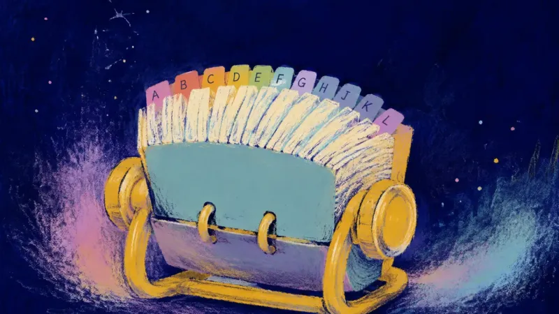 The Honest Index An orderly contact-file carousel with evenly spaced cards, representing direct communication, discly