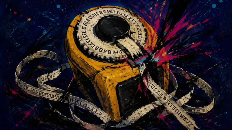 Labels Under Siege A crushed label maker bound by tangled strips, representing the pressure to prove personal change to