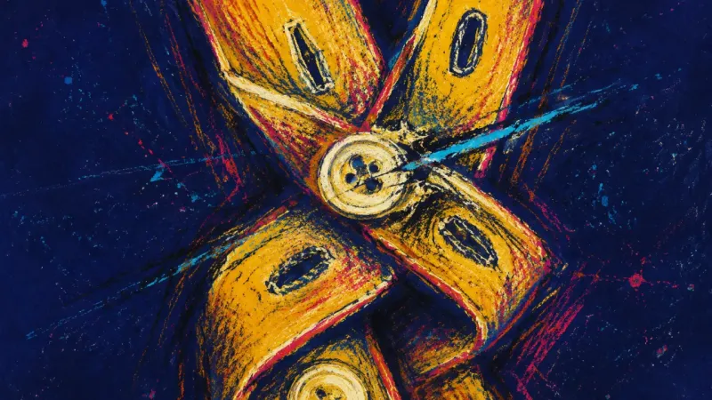 Closure Under Doubt A button placket crushed into crossed mismatches, representing choice paralysis and fear of owning a