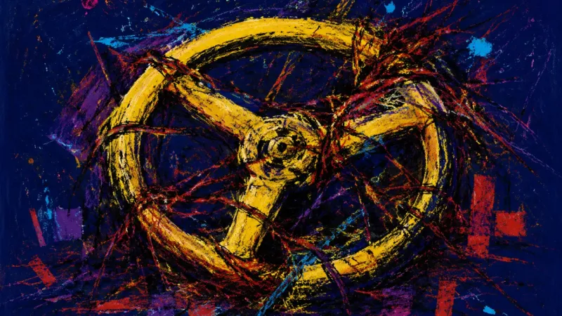 Jammed Direction An abstract steering wheel tangled in heavy lines, representing choice paralysis and the pressure to