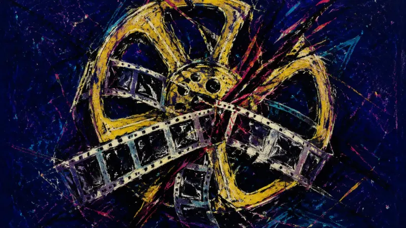 Strangled Reel A crushed film reel trapped in tangled frames, representing betrayal evidence distorted by repeated