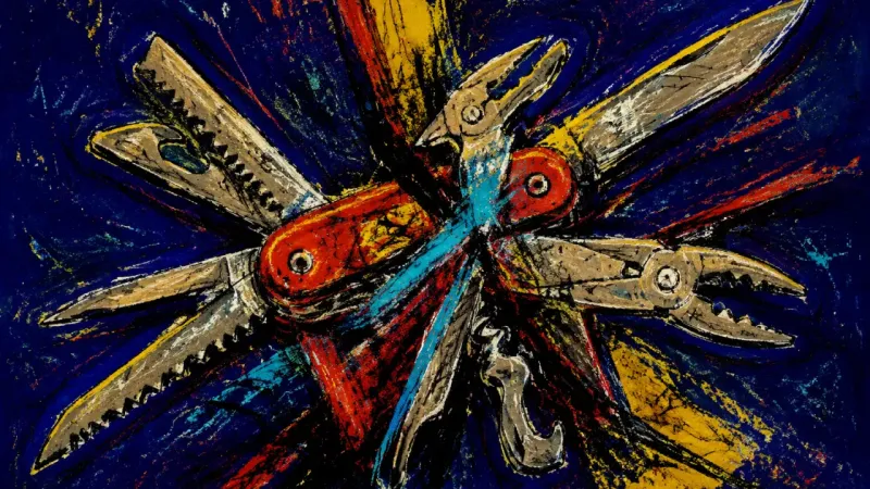 A multitool forced into a tangled, unusable form, representing self-doubt and paralysis after family