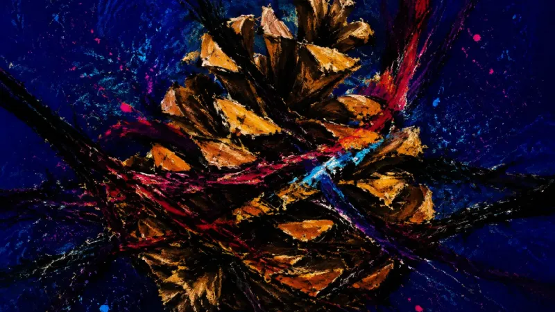 Crushed Recall A pinecone crushed by tangled lines, representing obsessive memory replay and the pressure of unres