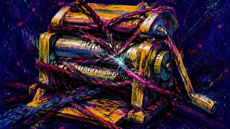 The Approval Mill A pasta machine crushed and bound by chaotic loops, representing approval anxiety, compulsive over