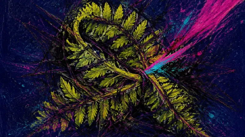 Frond Under Pressure A fern frond crushed into a dense knot of crossing lines, representing academic re-entry paralysis,