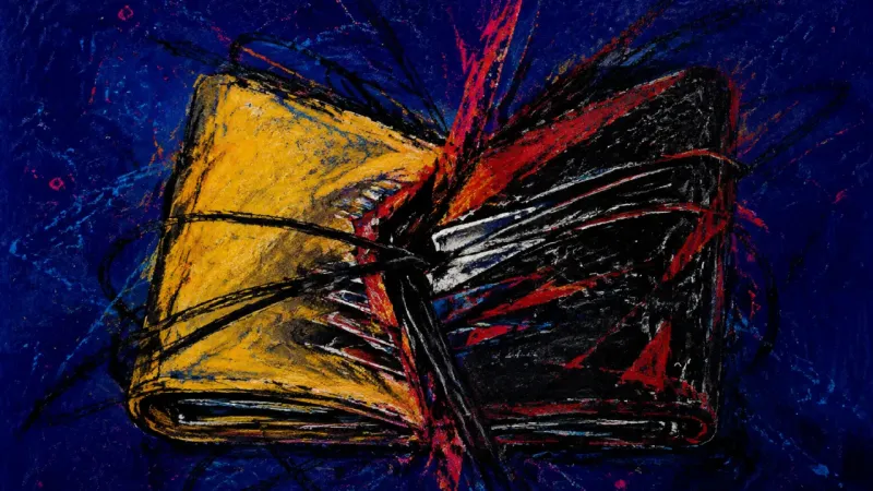 Compulsive Closure A wallet folded into a compressed knot of overlapping pockets, representing shame and loss of cont