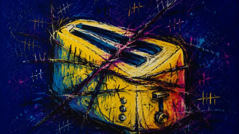 Slots Under Pressure A distorted toaster with fused slots and tangled lines, representing sibling comparison that compres