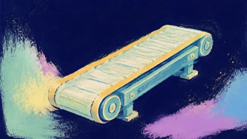 A conveyor belt restored to an ordered loop, symbolizing repeatable action and a future shaped 