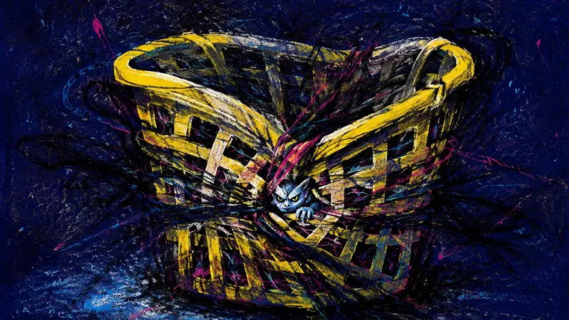 The Collapsed Carrier A crushed laundry basket tangled by dense lines, representing loneliness sustained by compulsive on