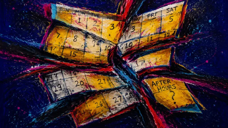 A distorted calendar represents constant work access, blurred boundaries, and resentment from giving