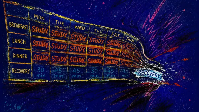 The Missing Pause An overloaded weekly planner with meals and recovery erased by study tasks, symbolizing guilt-driven