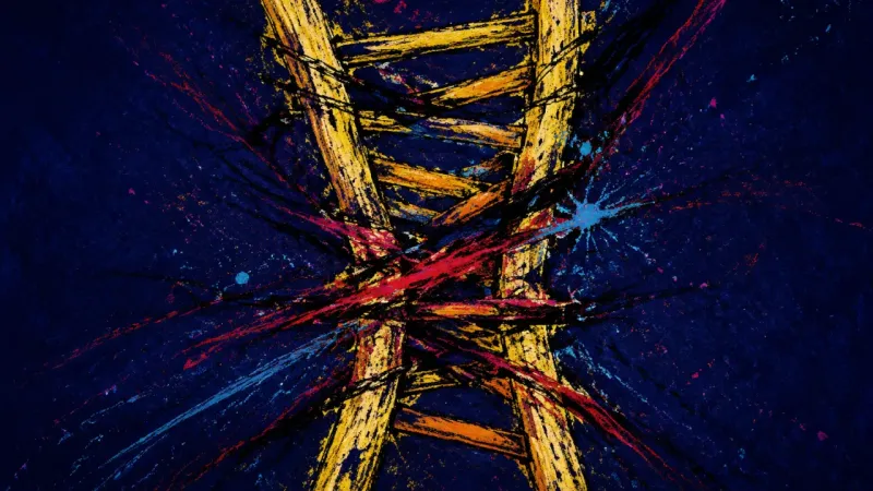 The Jammed Ascent A distorted ladder trapped in visual congestion, representing guilt-driven overcommitment and the