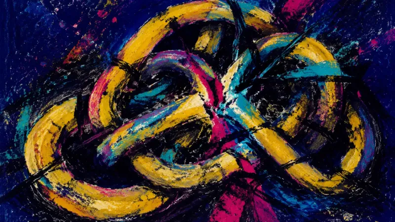 A tangled chain representing an attachment spiral, with disrupted links expressing uncertainty and
