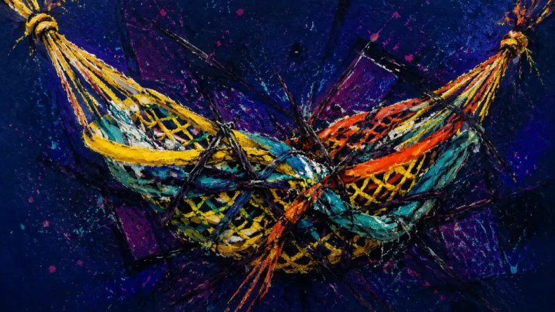 Knotted Recovery A hammock crushed into a dense knot, representing workaholic recovery avoidance and the loss of