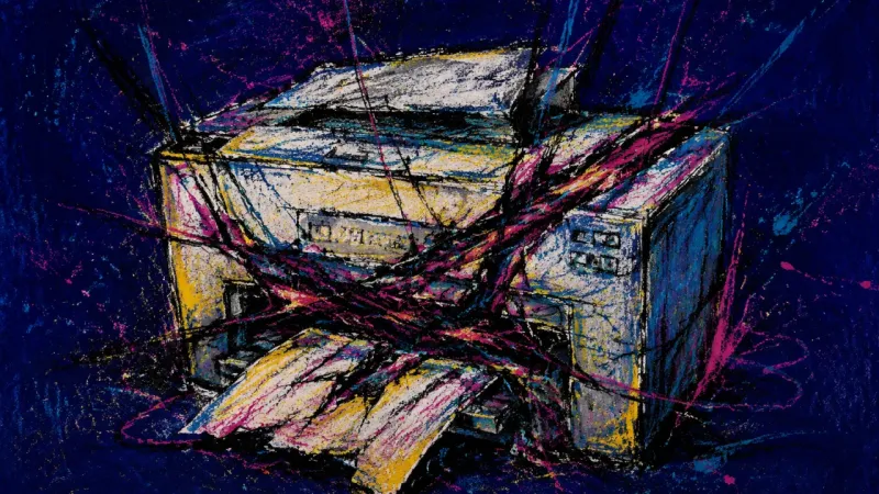 A printer crushed into a dense jam, representing productivity-tool procrastination and fear of
