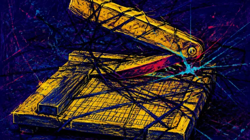 Cut Into Compliance A deformed paper cutter trapped in crossed lines, representing post-breakup people-pleasing and the