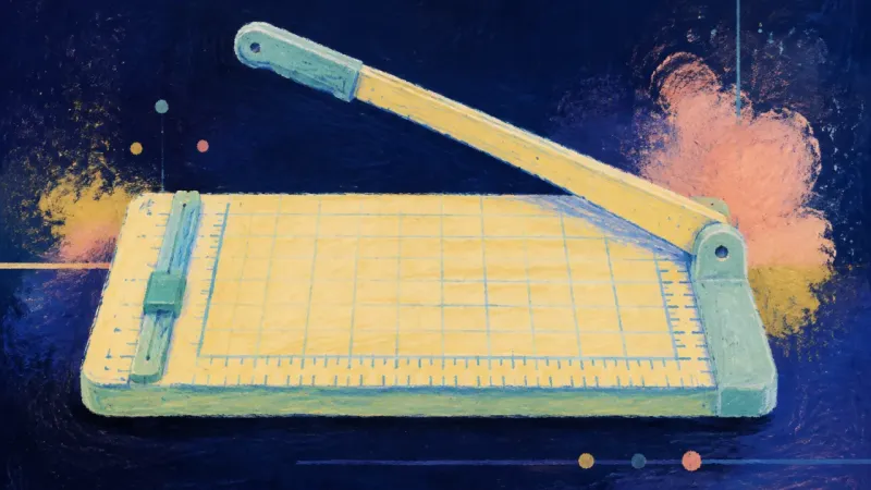 One Clear Line A restored paper cutter with one clear arm and an orderly guide grid, symbolizing honest boundaries,