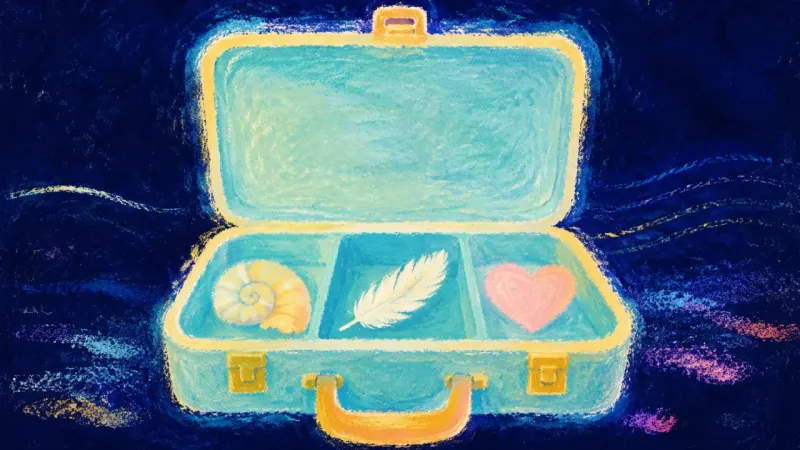 Chosen Passage A restored suitcase holding selected keepsakes, representing values-based identity and grounded####?
