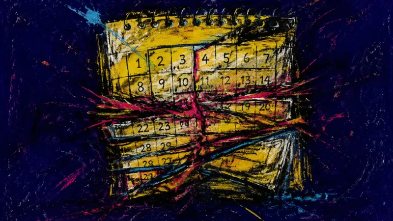 A crushed calendar grid represents metric fixation, repeated guided practice, and fear of exposing2