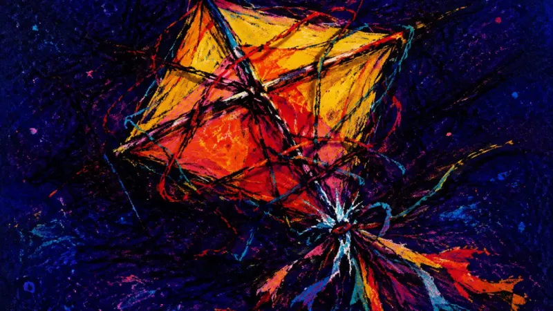 Tangled Pursuit A crushed kite tangled in dense lines, representing anxious pursuit of someone whose attention is�