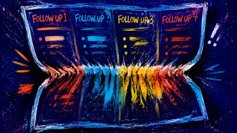 The Crowded Promise A crowded planning board with four follow-up directions collapsing into one unreadable block, symbol