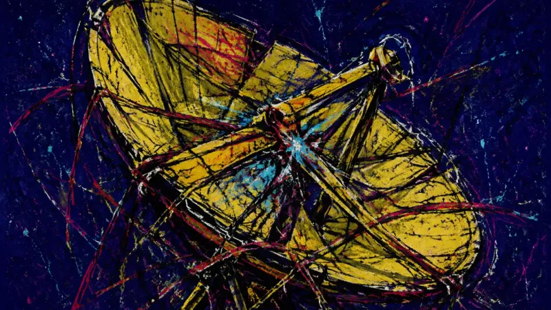 A distorted satellite dish bound by tangled lines represents social media ambiguity collapsing into