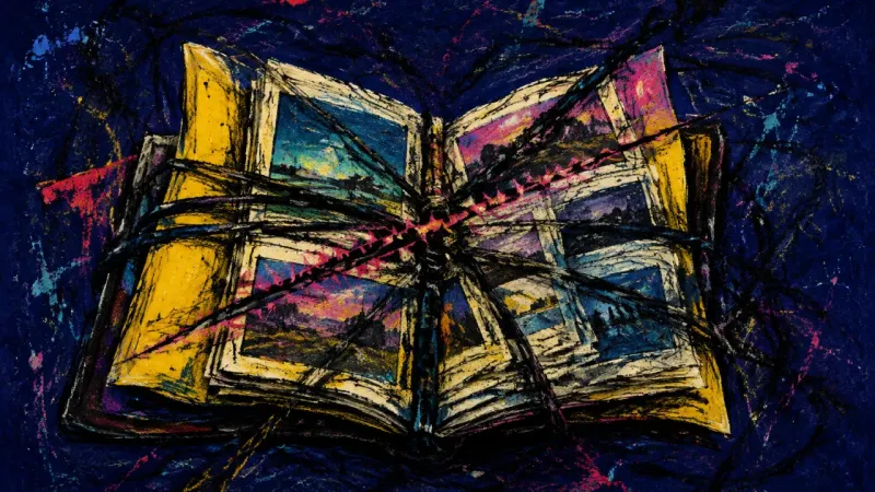 Album Under Siege A distorted photo album overwhelmed by tangled lines, representing nostalgia that postpones grief