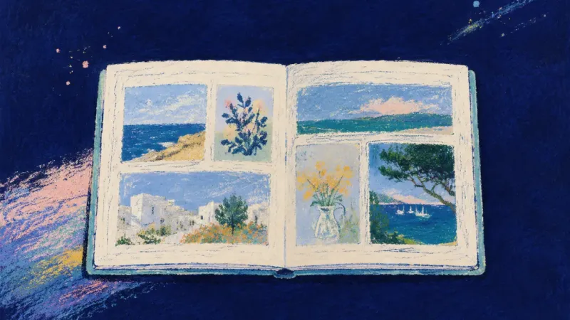 Memory Finds Form A restored photo album with orderly pages, representing grief integrated and adult life rebuilt