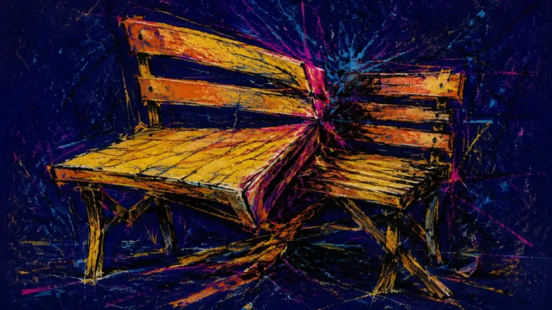 A distorted bench bound by chaotic lines, representing defensive authority and unequal
