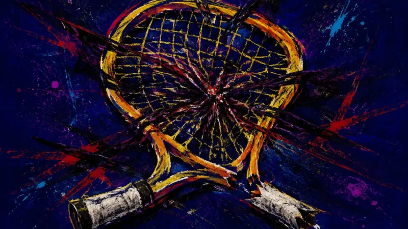 Racket Under Siege A crushed tennis racket tangled in chaotic lines, representing alarm, compulsive replying, and the