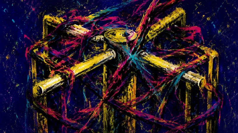 The Jammed Turnstile An abstract turnstile trapped in overlapping bars, representing automatic compliance, fear of
