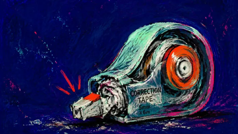 A crushed correction-tape dispenser symbolizes shame-driven avoidance after one missed coursework​⁣​
