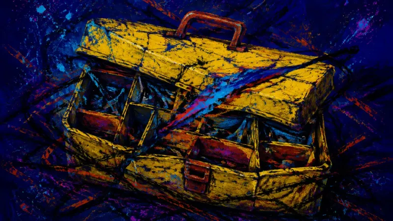 Compartmental Collapse A crushed toolbox tangled in overlapping lines, representing breakup administration that keeps daily