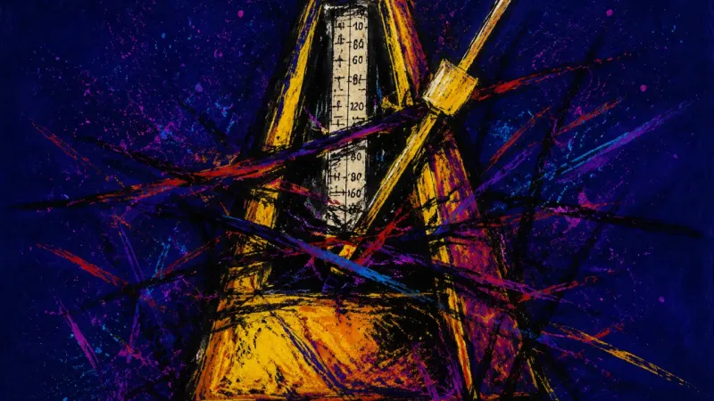 Jammed Rhythm An abstract metronome crushed by chaotic pressure, representing task-switching, immediate reward,