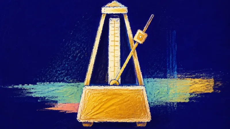 Steady Return An abstract metronome restored to a steady rhythm, representing balanced attention and trust in prog