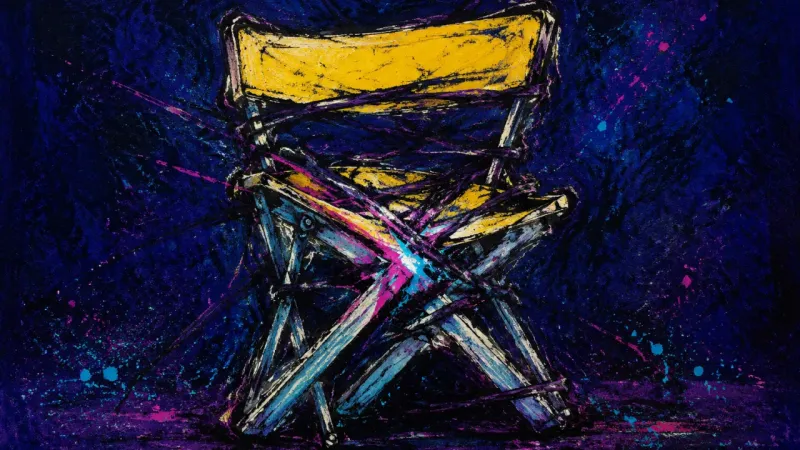 An abstract folding chair crushed by tangled lines, representing shame, self-judgment, and fear that