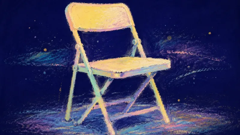 An abstract folding chair restored to an open, balanced form, representing shared relationship
