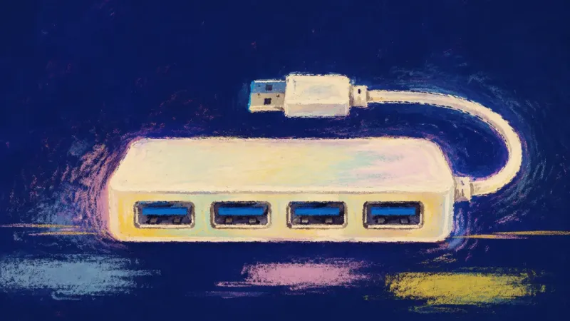 An abstract USB hub restored to aligned ports, representing clear boundaries, practical cooperation,