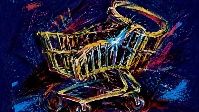 Overloaded Cart An abstract shopping cart crushed by tangled lines, representing FOMO-driven overcommitment and
