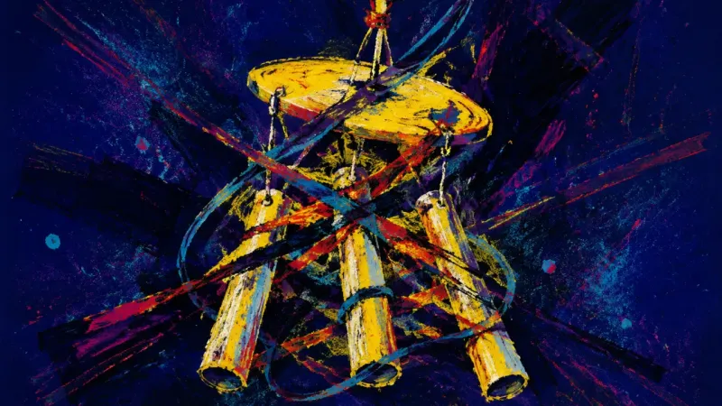 An abstract wind chime tangled by competing family demands, representing guilt and the pressure of 2