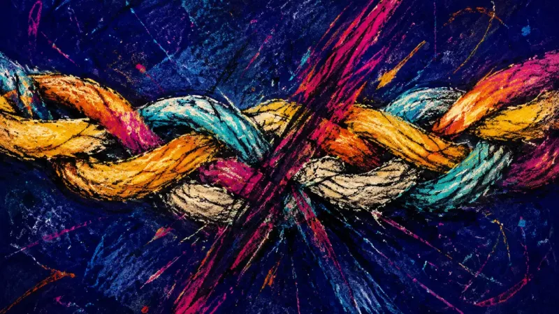 A braid twisted into a dense knot and constricted by intersecting strokes, representing relational**