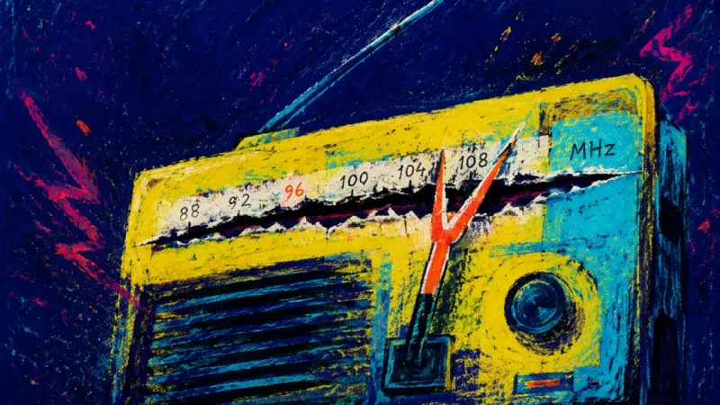 Emergency Frequency Lock A portable radio damaged around a torn tuning channel, symbolising attention trapped by nonstop news