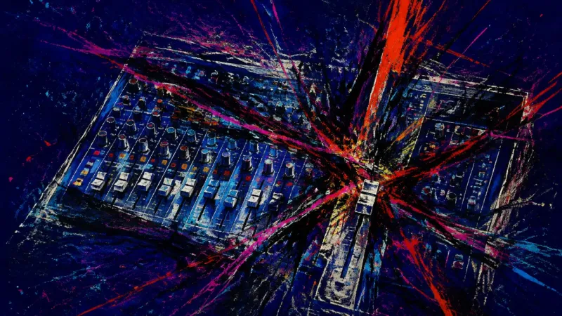 Channels Under Siege A deformed mixing console choked by crossed channels, representing compulsive news checking and the